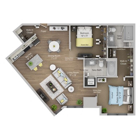 Floor plan for 2 beds, 2 baths, 1075 sqft